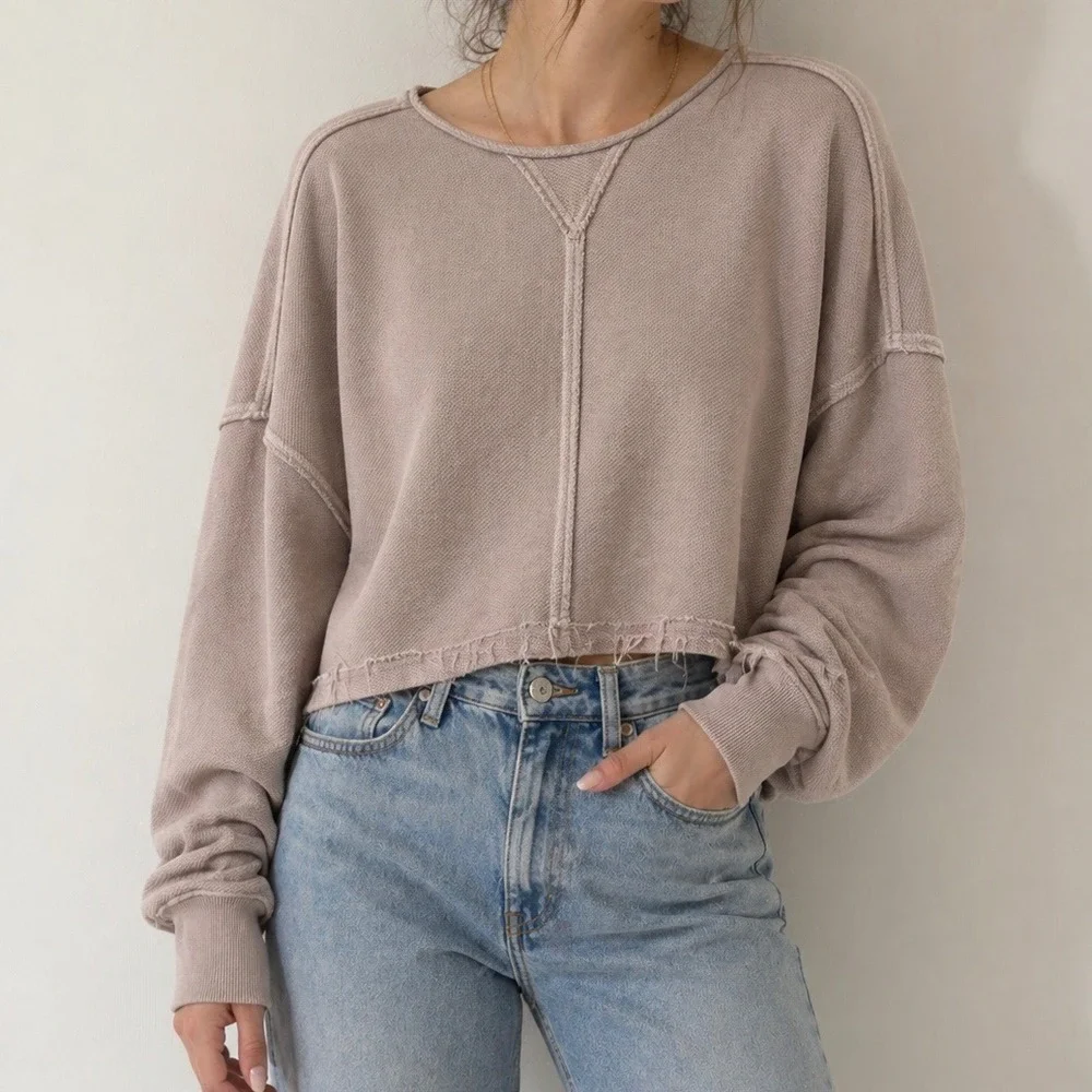 Aerie Cropped Waffle Knit Sweatshirt Mauve Taupe Raw Hem XXL - Picture 2 of 6